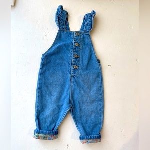 Baby Zara Denim baggy Overalls with floral detailing and ruffle shoulders